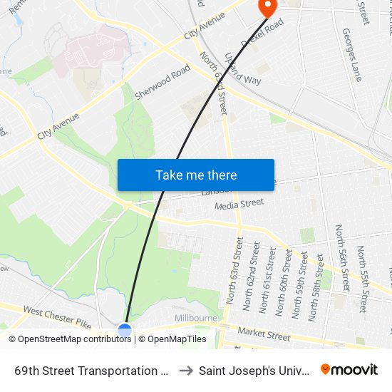 69th Street Transportation Center to Saint Joseph's University map