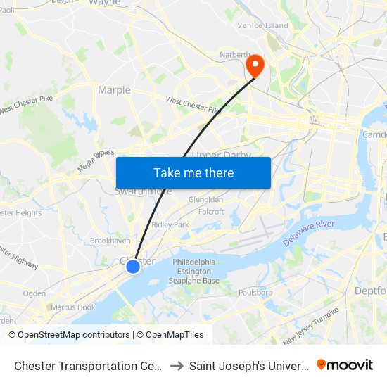 Chester Transportation Center to Saint Joseph's University map