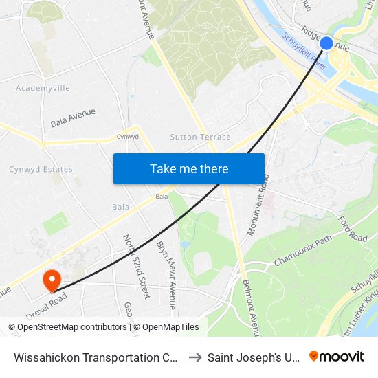 Wissahickon Transportation Center - Onsite to Saint Joseph's University map