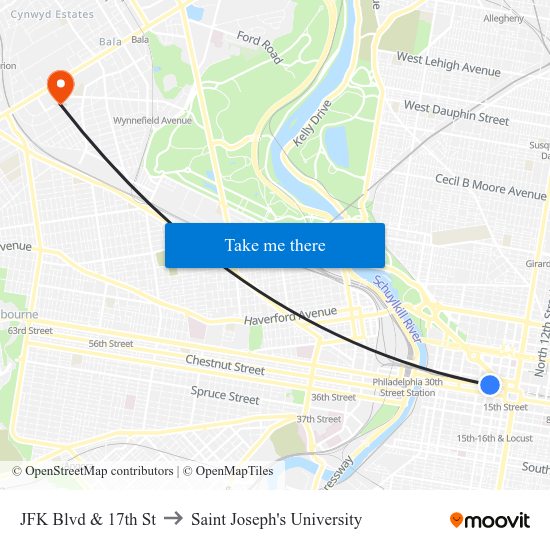 JFK Blvd & 17th St to Saint Joseph's University map