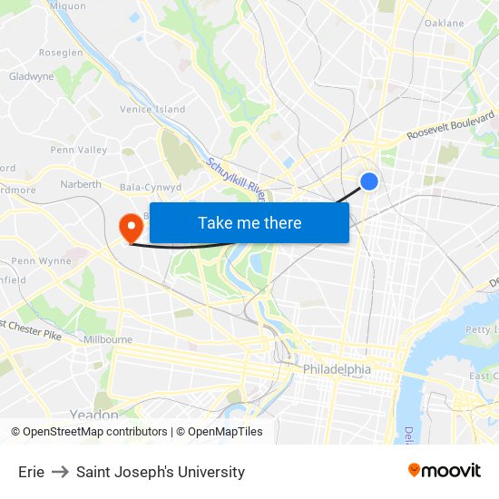 Erie to Saint Joseph's University map