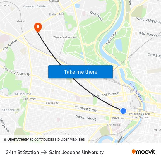 34th St Station to Saint Joseph's University map