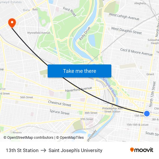 13th St Station to Saint Joseph's University map