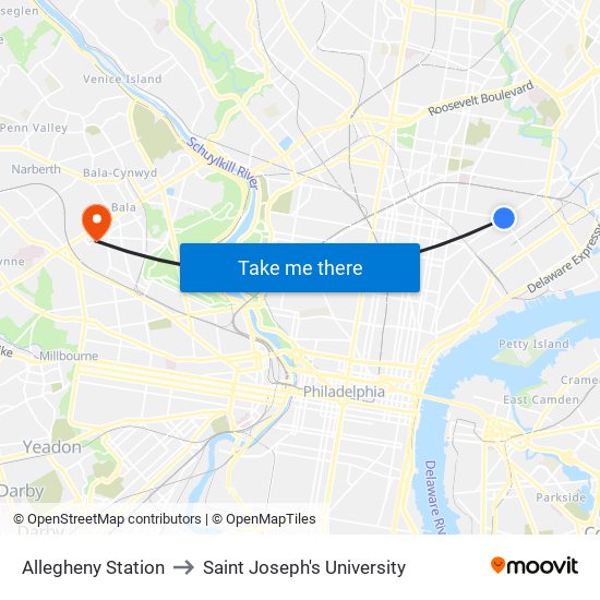 Allegheny Station to Saint Joseph's University map