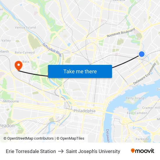 Erie Torresdale Station to Saint Joseph's University map