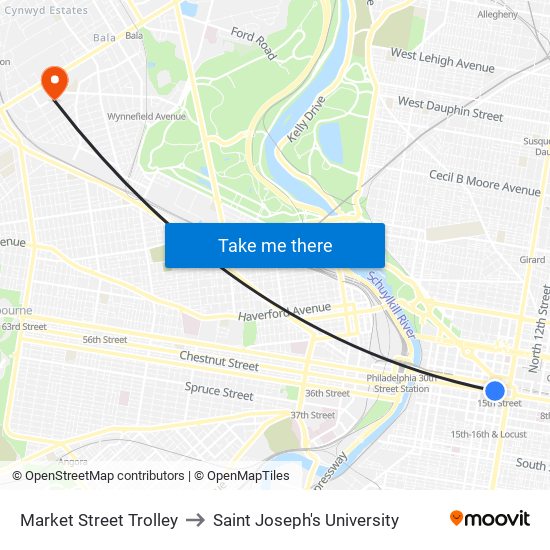 Market Street Trolley to Saint Joseph's University map