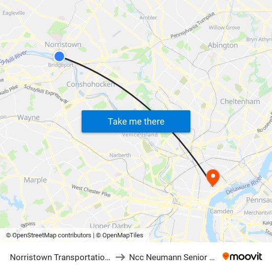 Norristown Transportation Center to Ncc Neumann Senior Housing map