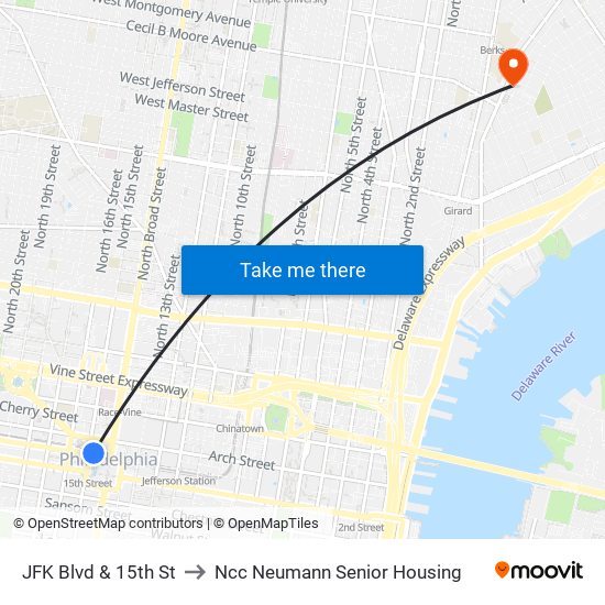 JFK Blvd & 15th St to Ncc Neumann Senior Housing map