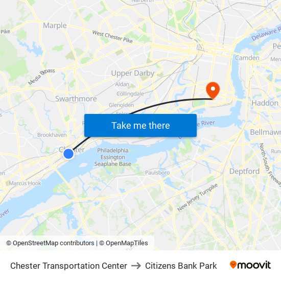 Chester Transportation Center to Citizens Bank Park map