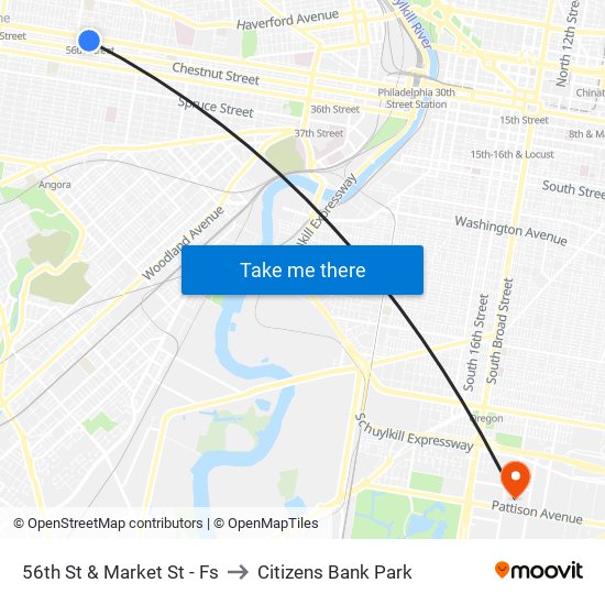 56th St & Market St - Fs to Citizens Bank Park map