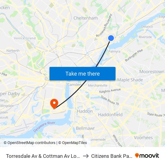 Torresdale Av & Cottman Av Loop to Citizens Bank Park map