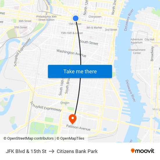 JFK Blvd & 15th St to Citizens Bank Park map