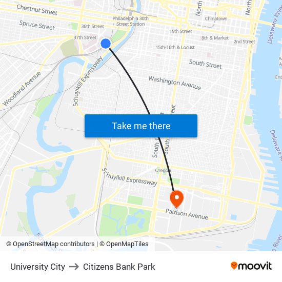 University City to Citizens Bank Park map