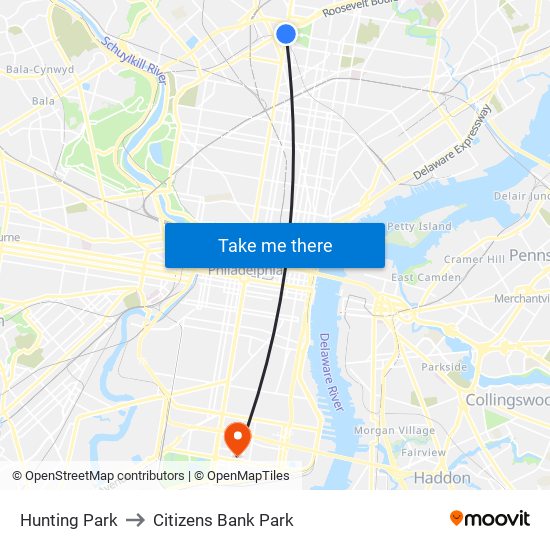 Hunting Park to Citizens Bank Park map