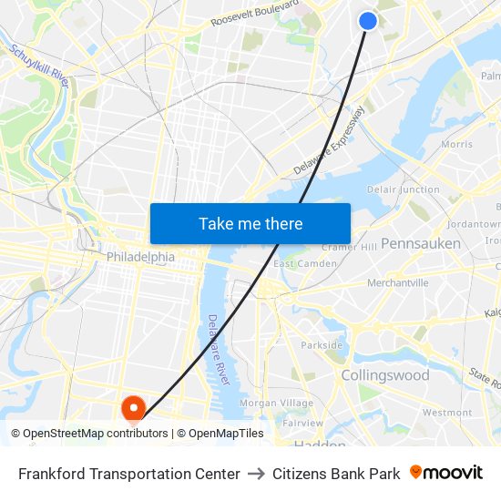 Frankford Transportation Center to Citizens Bank Park map