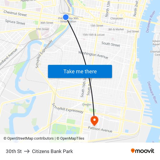 30th St to Citizens Bank Park map