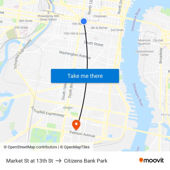 Market St at 13th St to Citizens Bank Park map