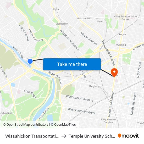 Wissahickon Transit Center to Temple University School Of Medicine map