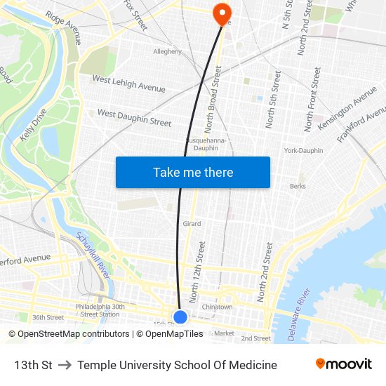 13th St to Temple University School Of Medicine map