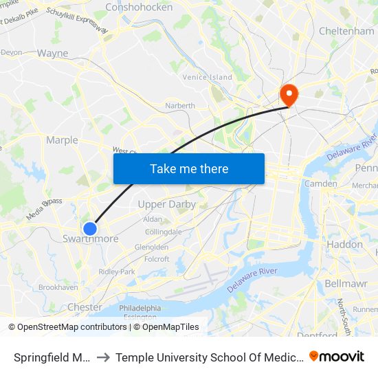 Springfield Mall to Temple University School Of Medicine map