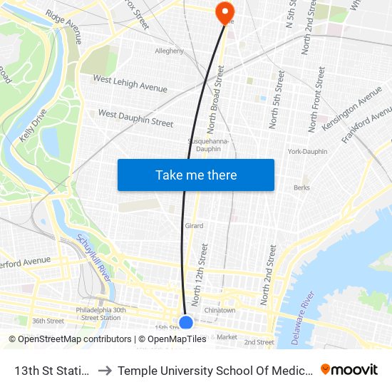 13th St Station to Temple University School Of Medicine map