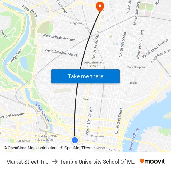 Market Street Trolley to Temple University School Of Medicine map