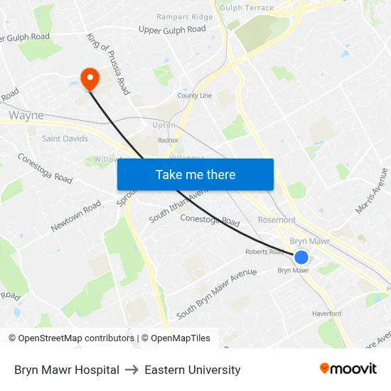 Bryn Mawr Hospital to Eastern University map