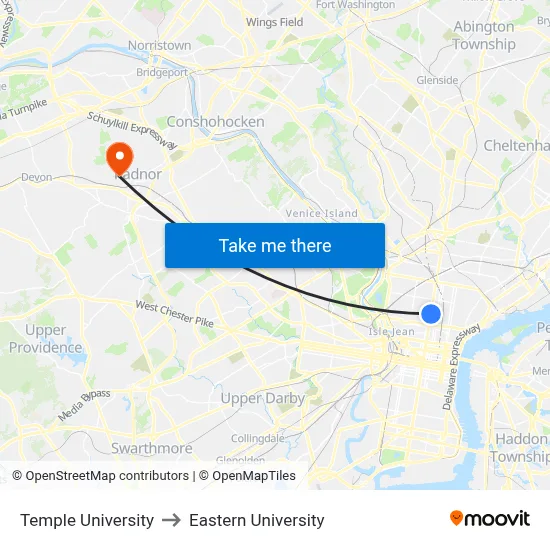 Temple University to Eastern University map