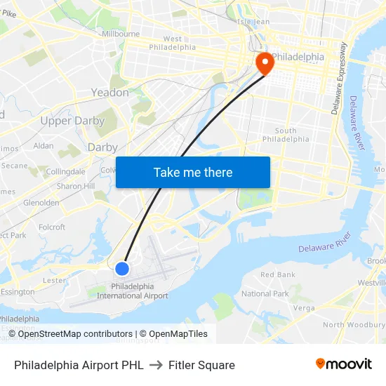 Philadelphia Airport PHL to Fitler Square map