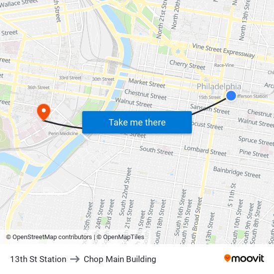 13th St Station to Chop Main Building map