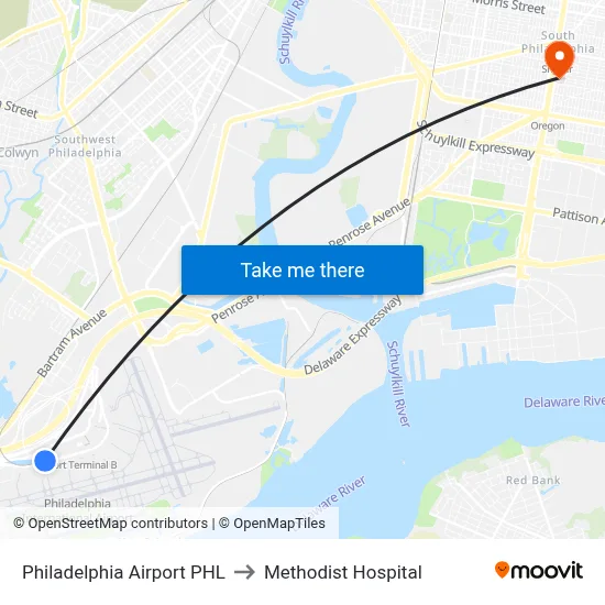 Philadelphia Airport PHL to Methodist Hospital map