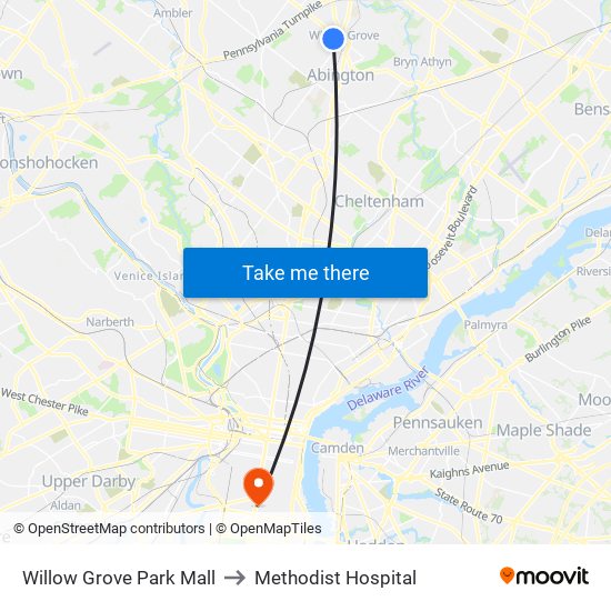 Willow Grove Park Mall to Methodist Hospital map