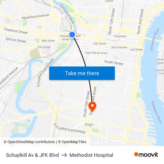 Schuylkill Av & JFK Blvd to Methodist Hospital map