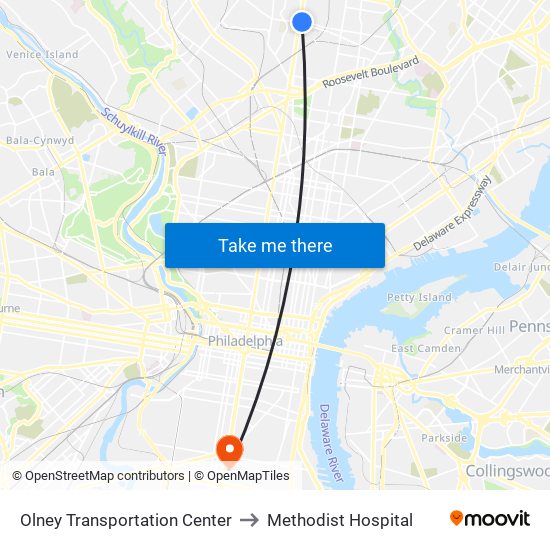 Olney Transportation Center to Methodist Hospital map