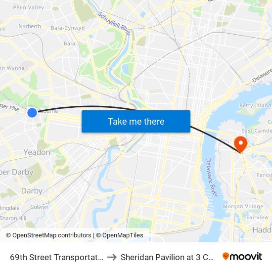 69th Street Transportation Center to Sheridan Pavilion at 3 Cooper Plaza map