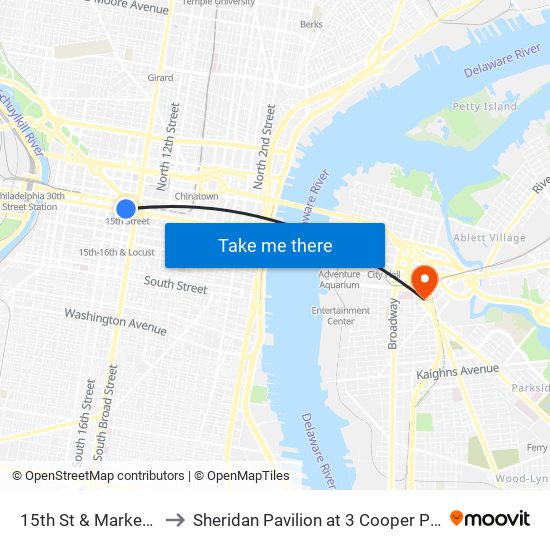 15th St & Market St to Sheridan Pavilion at 3 Cooper Plaza map