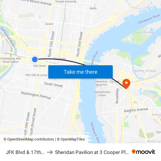 JFK Blvd & 17th St to Sheridan Pavilion at 3 Cooper Plaza map