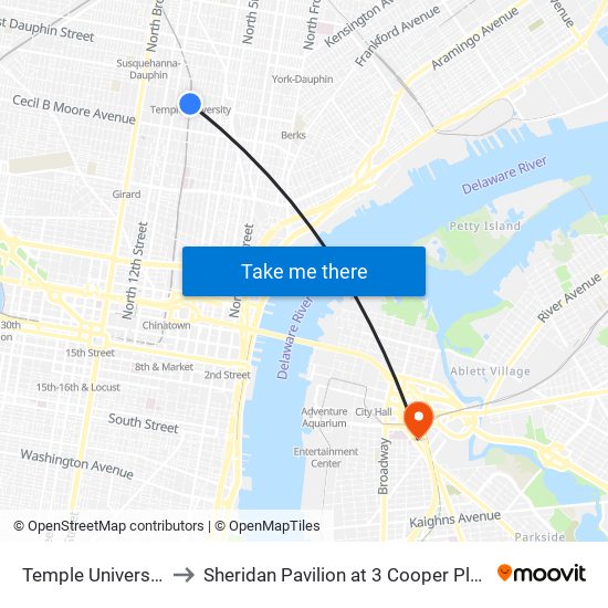 Temple University to Sheridan Pavilion at 3 Cooper Plaza map