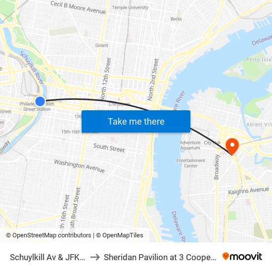 Schuylkill Av & JFK Blvd to Sheridan Pavilion at 3 Cooper Plaza map