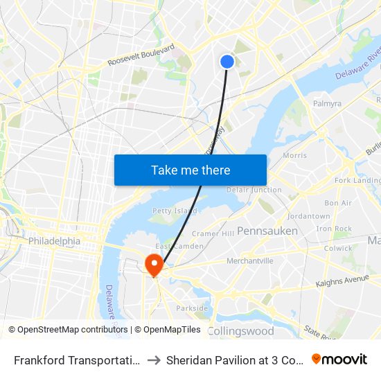 Frankford Transportation Center to Sheridan Pavilion at 3 Cooper Plaza map