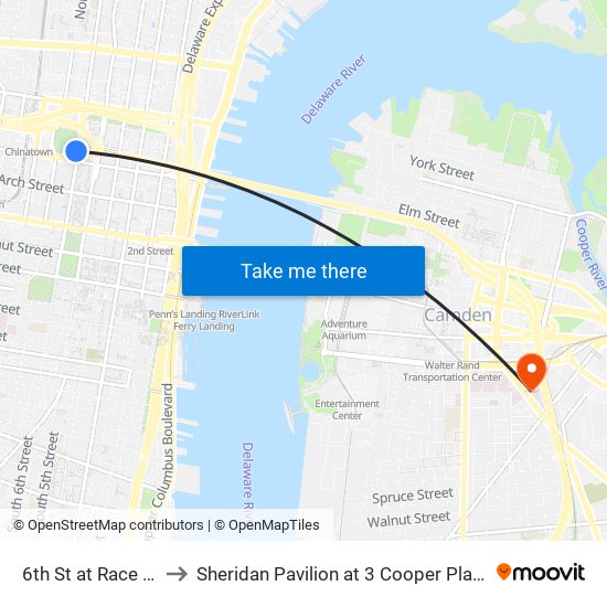 6th St at Race St to Sheridan Pavilion at 3 Cooper Plaza map