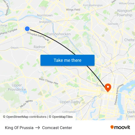 King Of Prussia to Comcast Center map