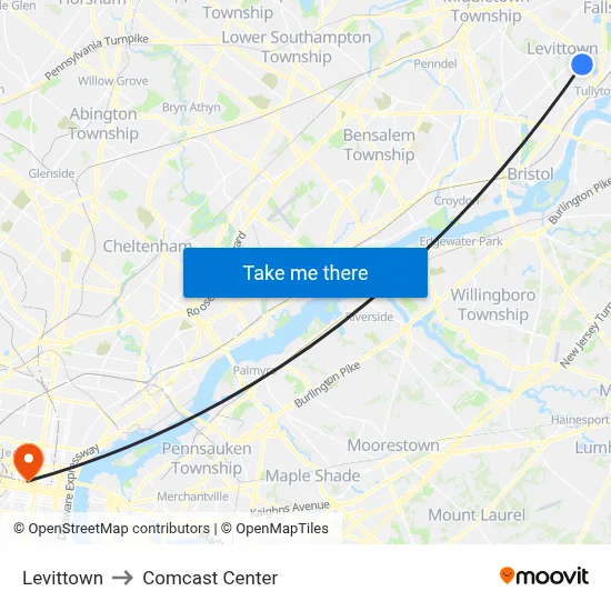 Levittown to Comcast Center map
