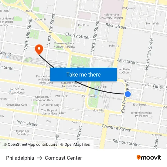 Philadelphia to Comcast Center map