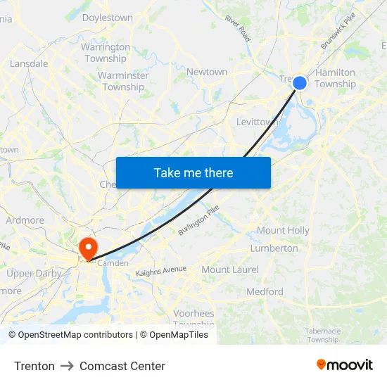 Trenton to Comcast Center map