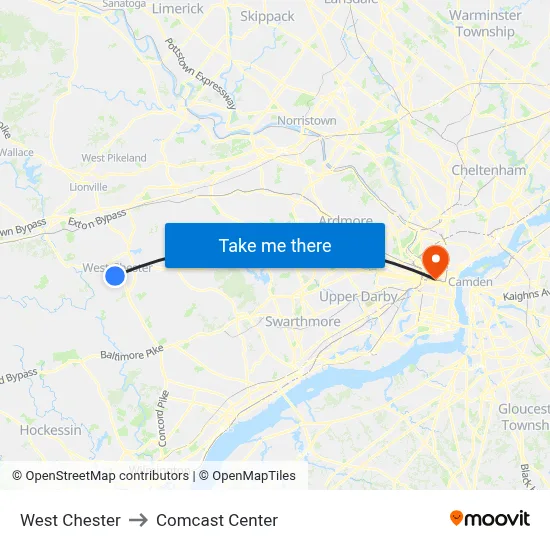 West Chester to Comcast Center map