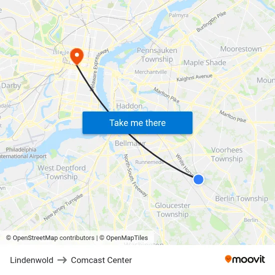 Lindenwold to Comcast Center map