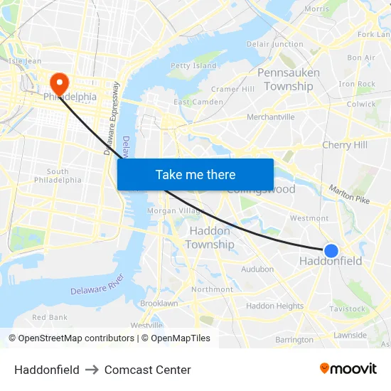 Haddonfield to Comcast Center map