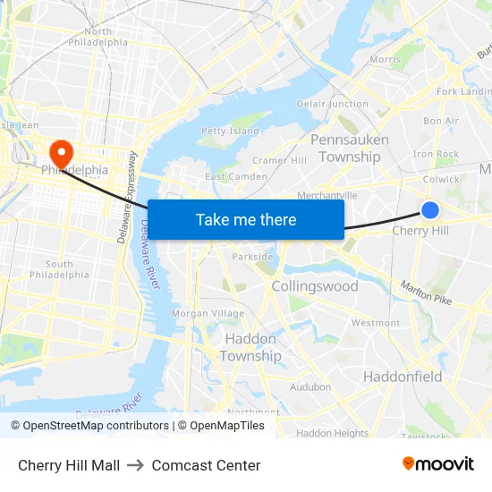 Cherry Hill Mall to Comcast Center map