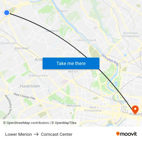 Lower Merion to Comcast Center map